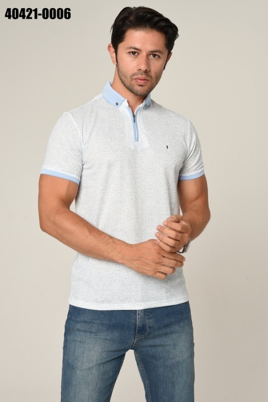 Freshen up in style: Men's white polo shirt with an attractive blue print.