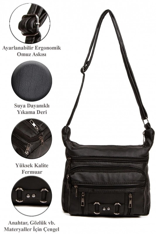"Black leather shoulder bag: the perfect companion for the modern woman