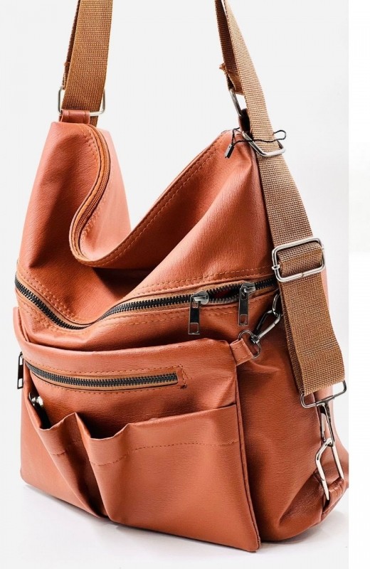 Elegance with practical details - Brown multi-pocket shoulder bag with zippers