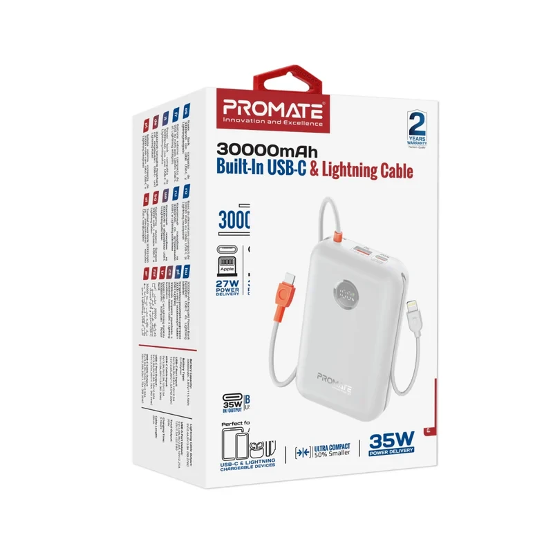 Promate Power Bank 30k-35W-Built in USB-C&Lightning Cable-White