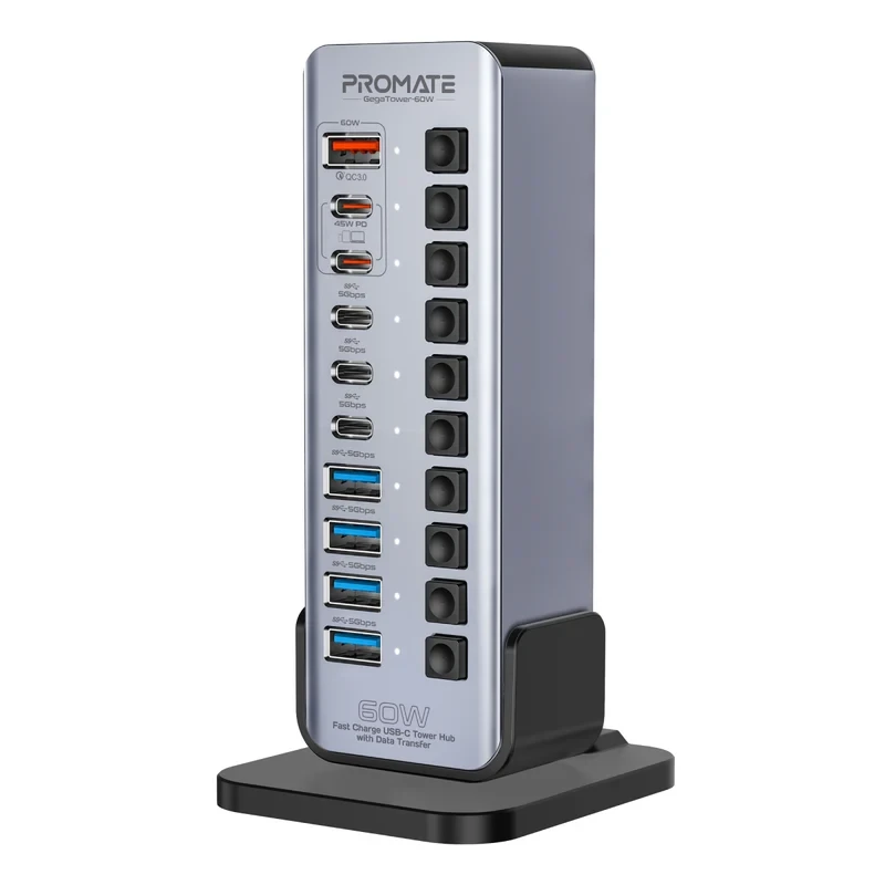 Promate GegaTower-60W 14-in-1 Multiport 60W USB-C-Gray--بروميت هب جيجا تاور - 60 واط