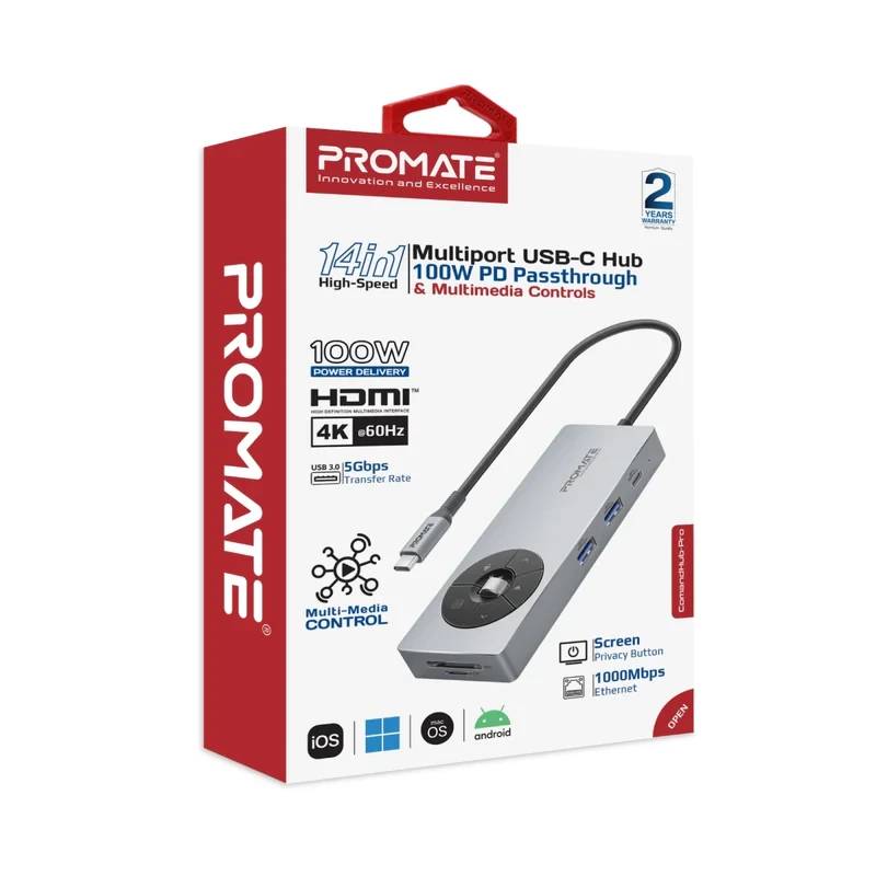 Promate 14-in-1 Multiport USB-C Hub 100W-Gray