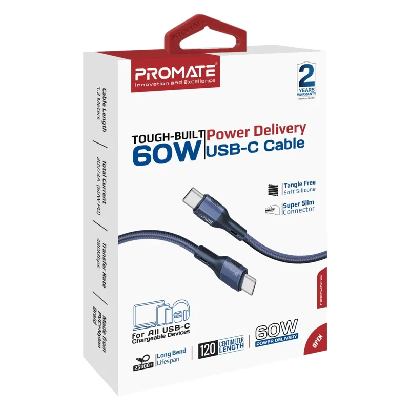 Promate Cable USB-C to USB-C 60W-1.2M-Blue