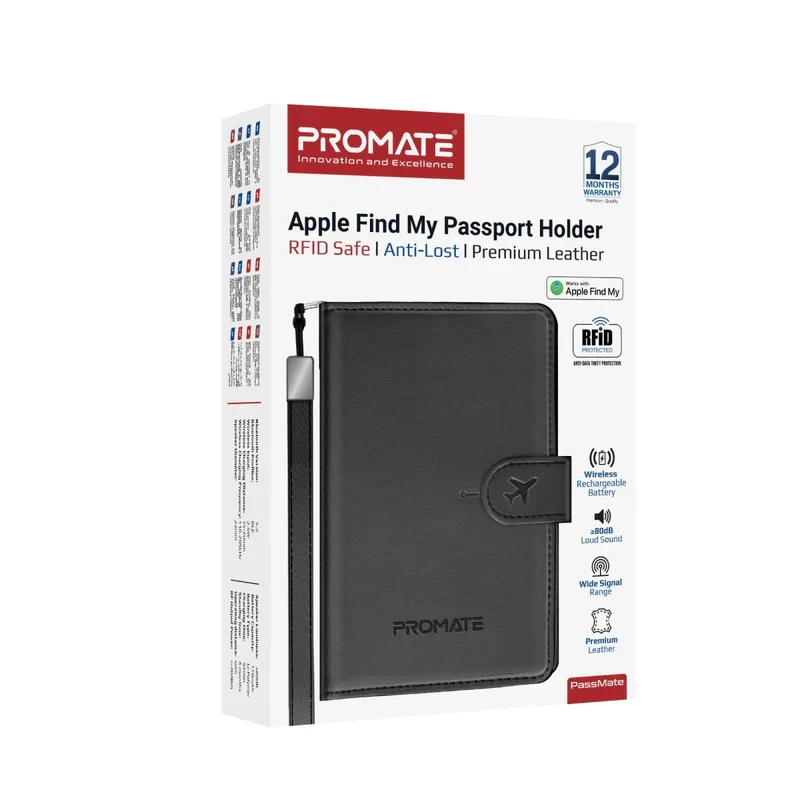 Promate Passport Holder With Rfid Protection, Apple Find My-Black