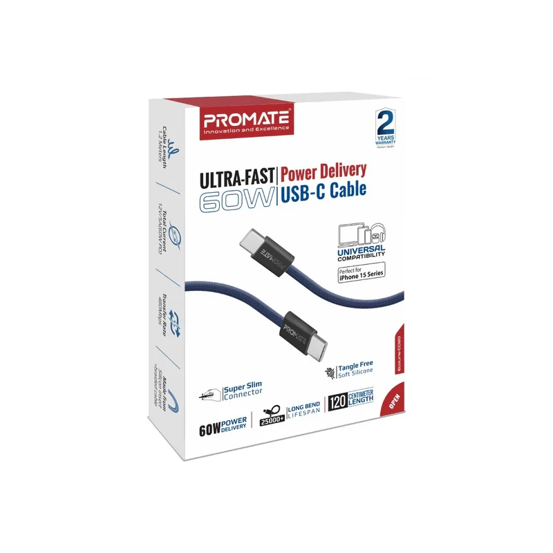 Promate Cable USB-C to USB-C 60W-Navy