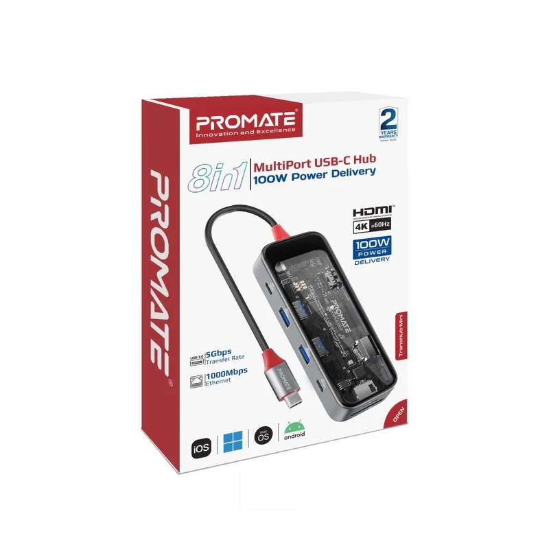 Promate 8-in-1 Multiport USB-C Hub 100W-Gray