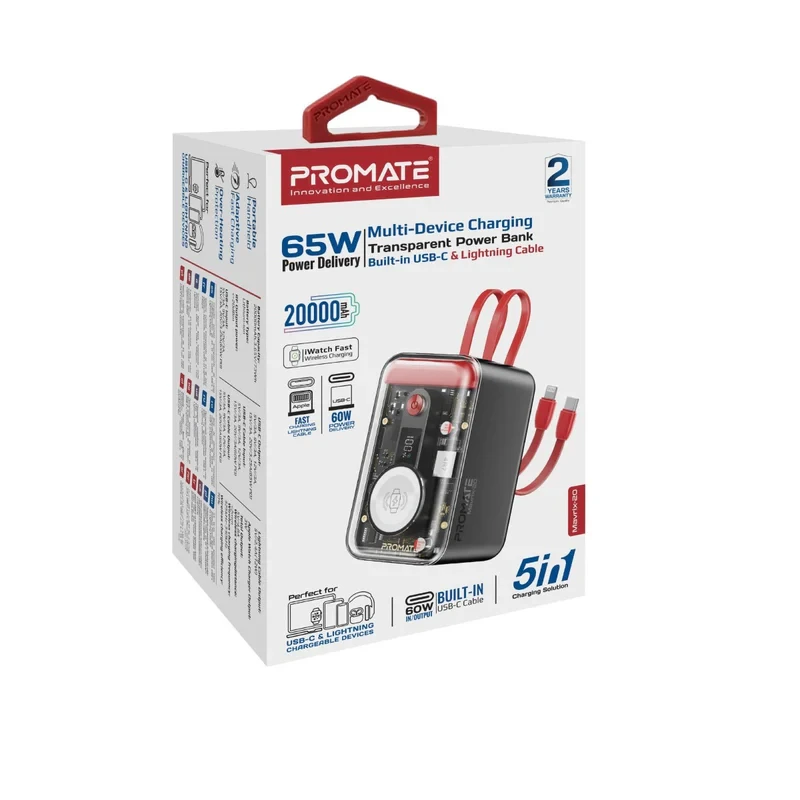 Promate Power Bank 20K-65W With Cable USB-C &Lightning-Red