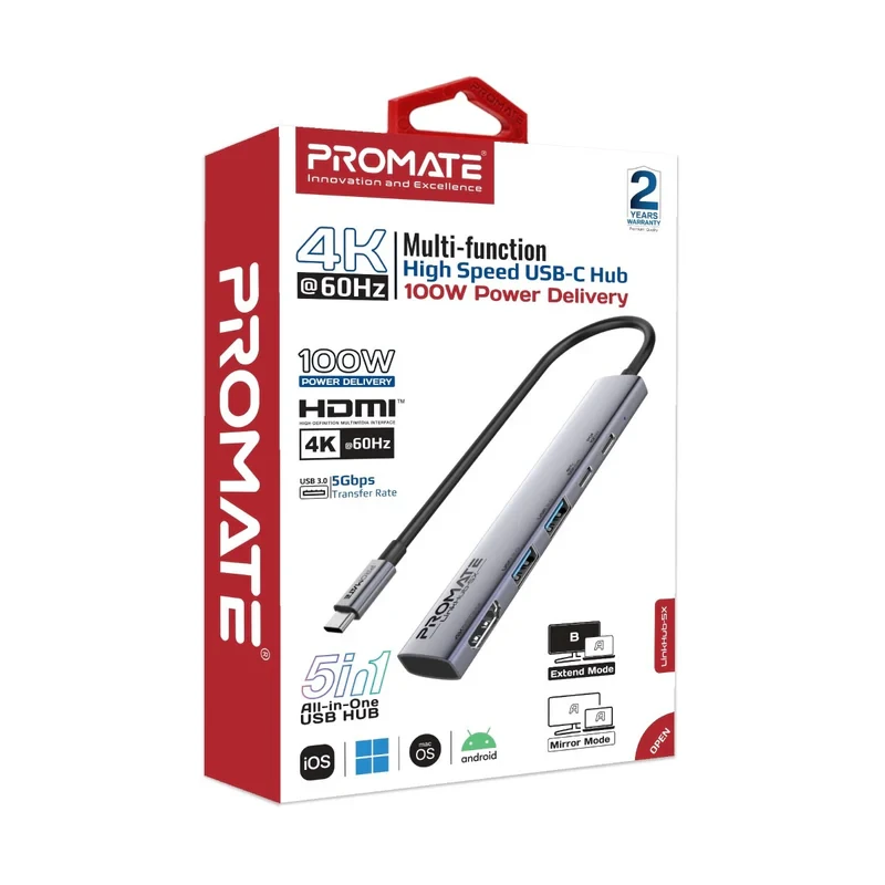 Promate 5-in-1 Multi-Function USB-C HUB 100W