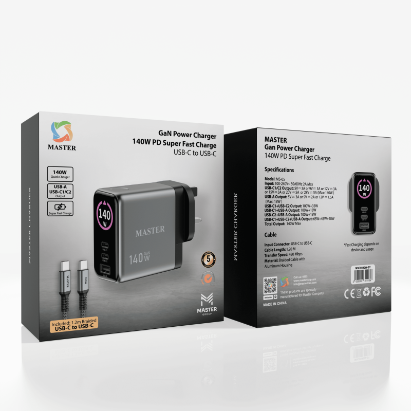 Master Power Charger 3Port 140W+Cable-USB-C-Gray