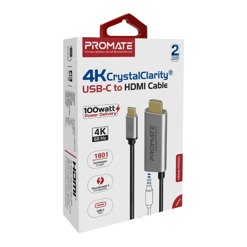 Promate Cable 100W USB-C to HDMI 1.8M-60H-Gray
