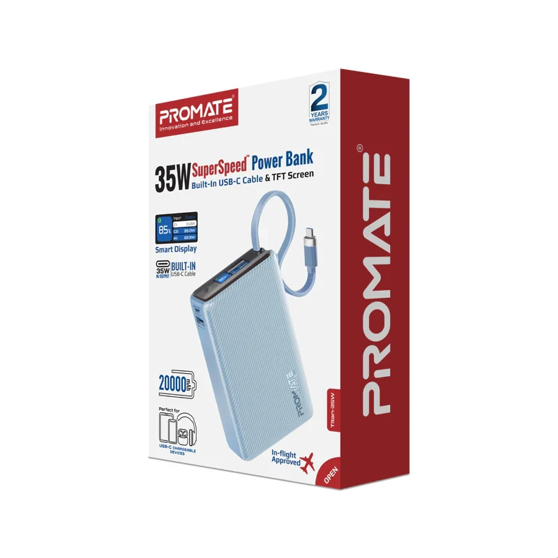 Promat Titan-35W Power Bank With Built-in USB-C Cable -Blue