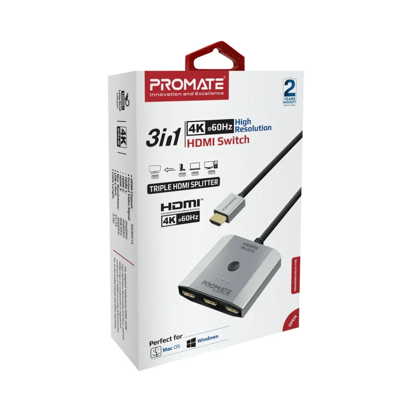 Promate 3-in-1 HDMI Switch 4k-60Hz-Gray