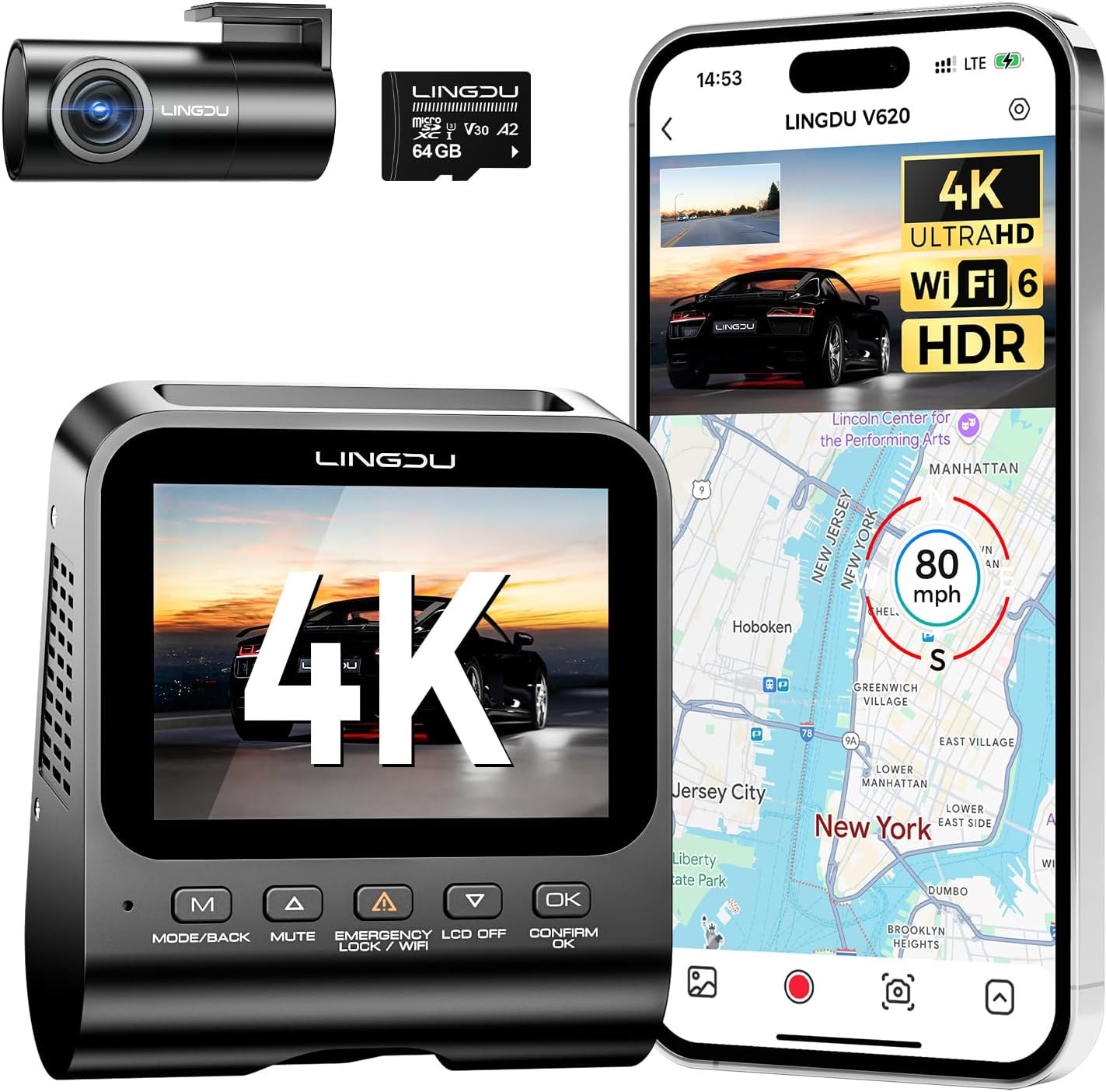 Lingdu Dash Cam 2 Channel-V620 داش كام أمامية وخلفية للسيارة