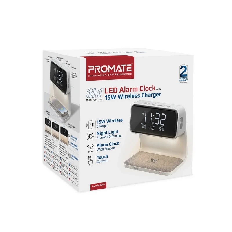 Promate 3in1 Led Alarm& Clock &Wireless Charger 15W- White