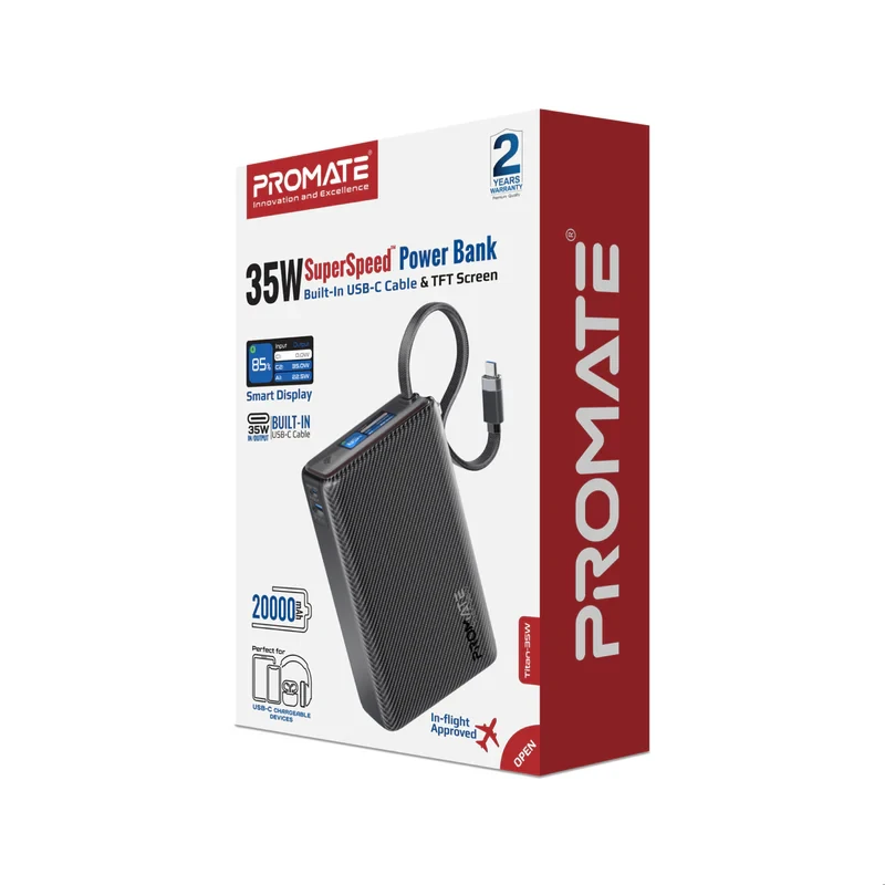 Promat Titan-35W Power Bank With Built-in USB-C Cable -Black