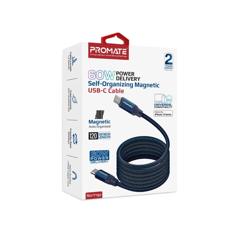 Promate Cable USB-C to USB-C 60W-1.2M-Blue