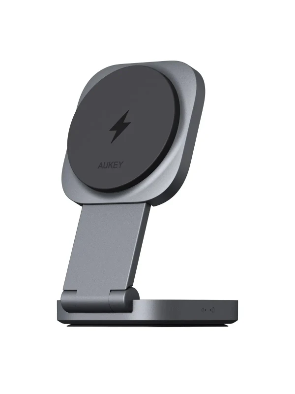 Aukey Foldable 2-In-1 Magnetic Wireless Charger -Gray شاحن لاسلكي مغناطيسي قابل للطي