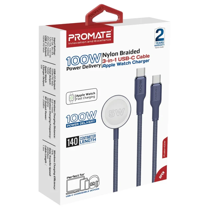 Promate 3-in-1 USB-C Cable And Apple Watch Charger-1.4m-Blue