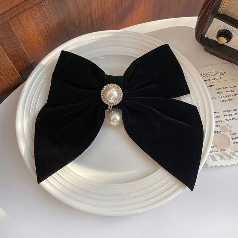 Velvet Bow Hair Clip with Pearl Charm