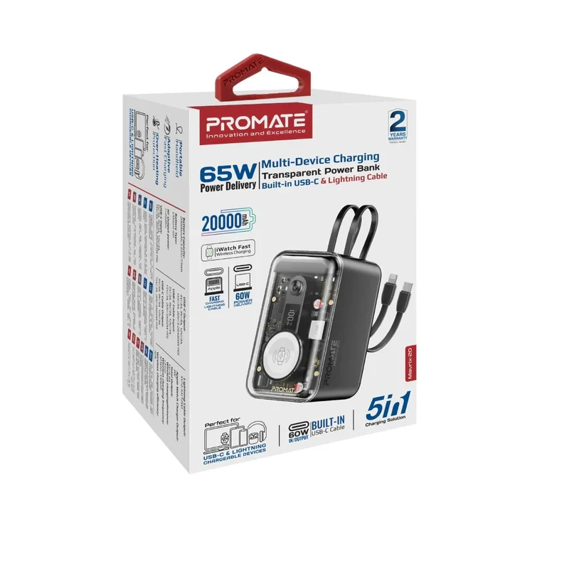 Promate Power Bank 20K-65W With Cable USB-C &Lightning-Black