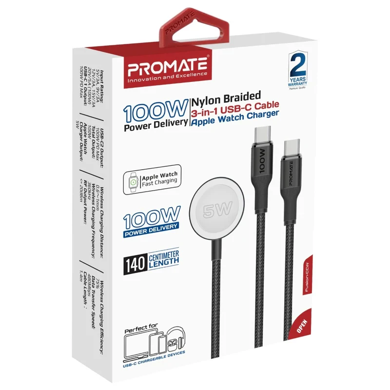Promate 3-in-1 USB-C Cable And Apple Watch Charger-1.4m-Black
