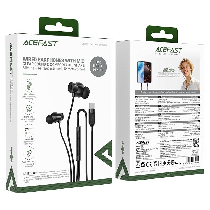 Acefast Wired Earphones USB-C Silicone L10-Black