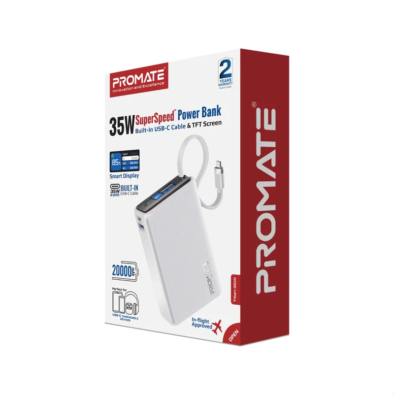 Promat Titan-35W Power Bank With Built-in USB-C Cable -White