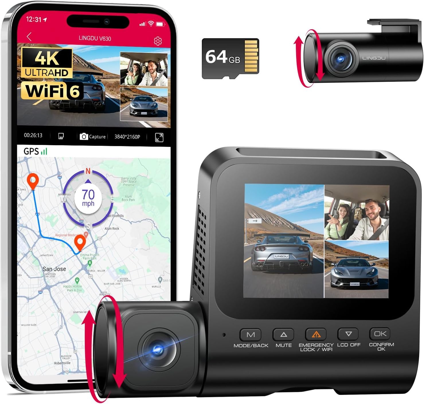 Lingdu Dash Cam 3 Channel-C34 داش كام ثلاثية القنوات للسيارة