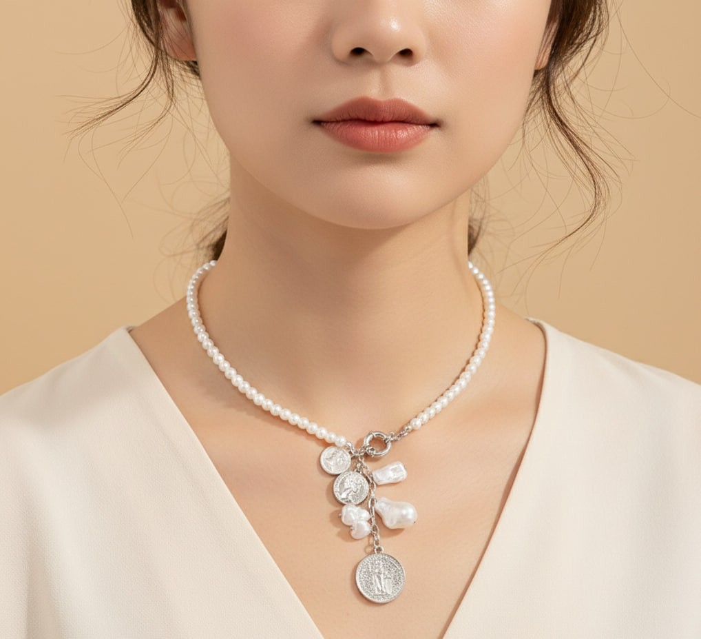 Luxury Pearl Necklace with Layered Gold Coin Charms