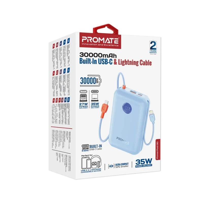 Promate Power Bank 30k-35W-Built in USB-C&Lightning Cable-Blue