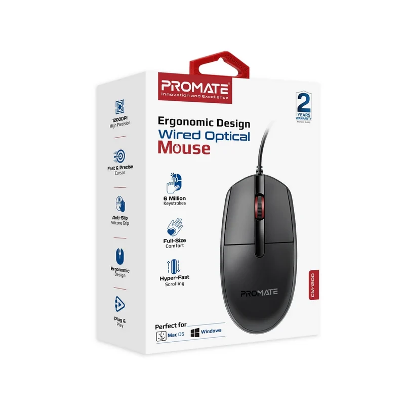 Promate Ergonomic Design Wired Optical Mouse-Black