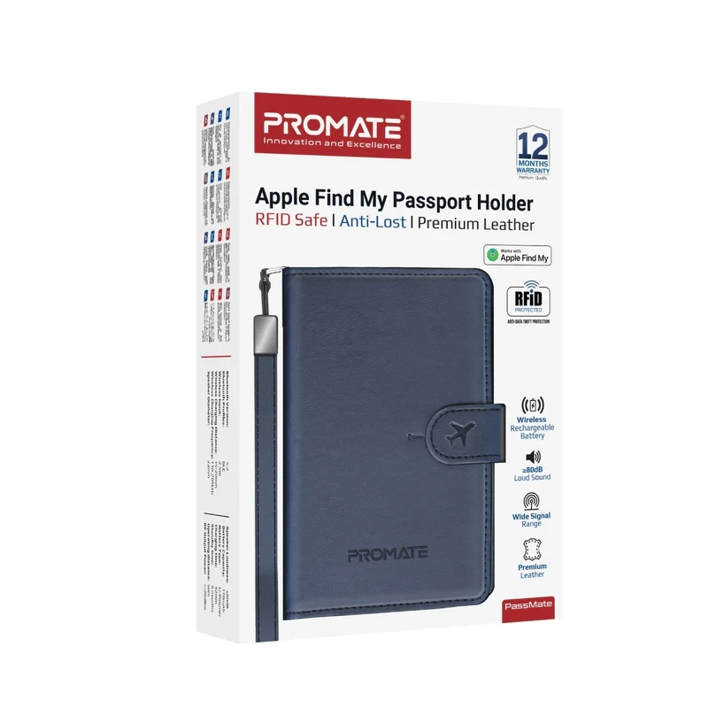 Promate Passport Holder With Rfid Protection, Apple Find My-Blue