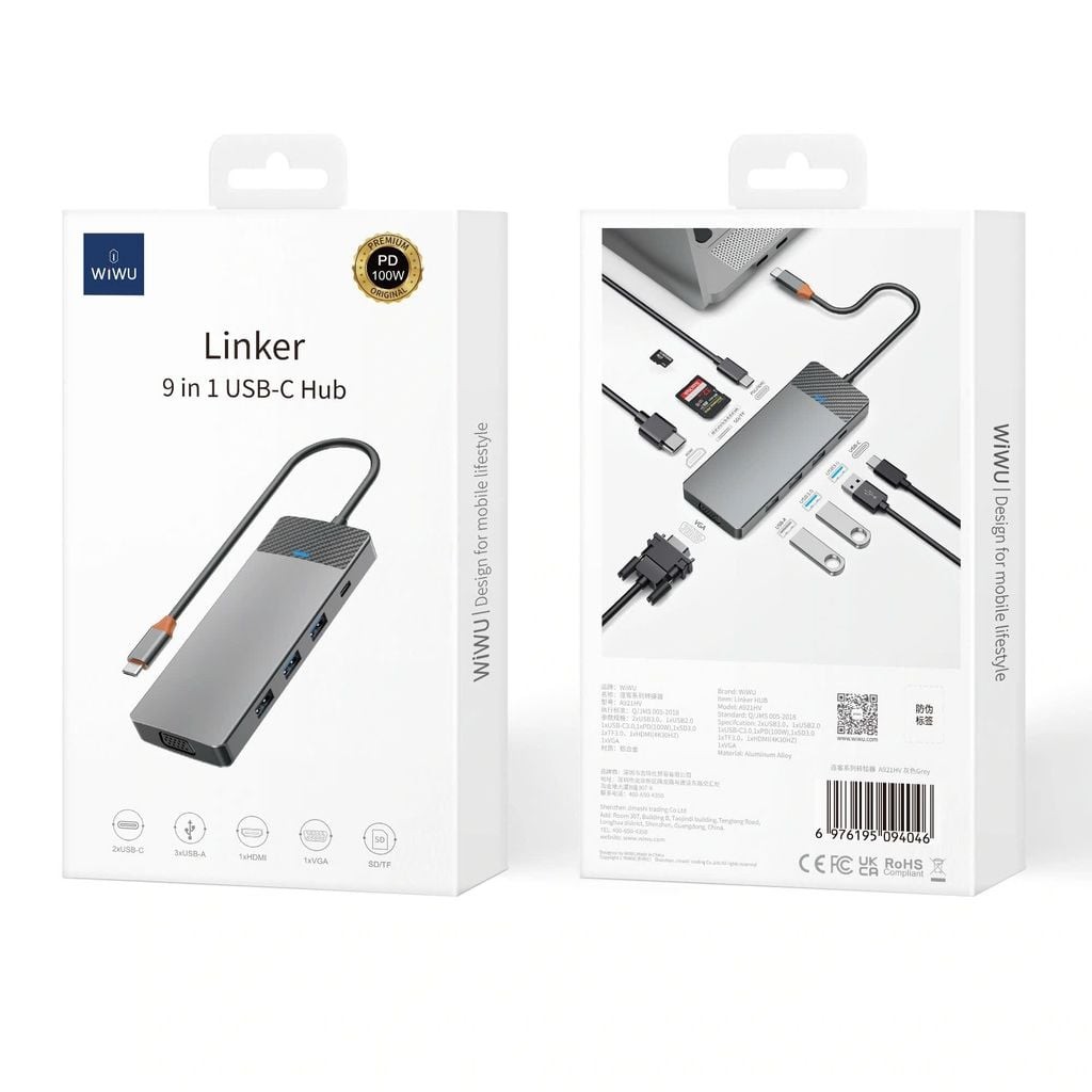 WIWU Linker 9 IN 1 -USB-C HUB 100W -Gray-A923RPT