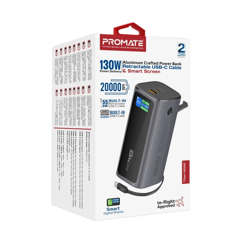 Promate Power Bank 20K-130W With USB-C Cable