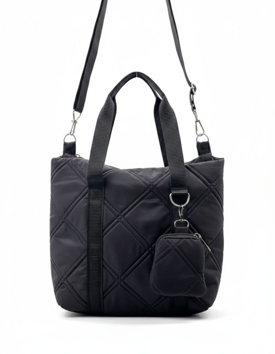 Quilted Nylon Puffer Tote with Detachable Coin Purse.