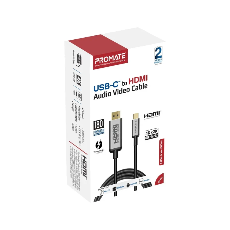 Promate Cable USB-C to HDMI 1.8M-60H-Gray